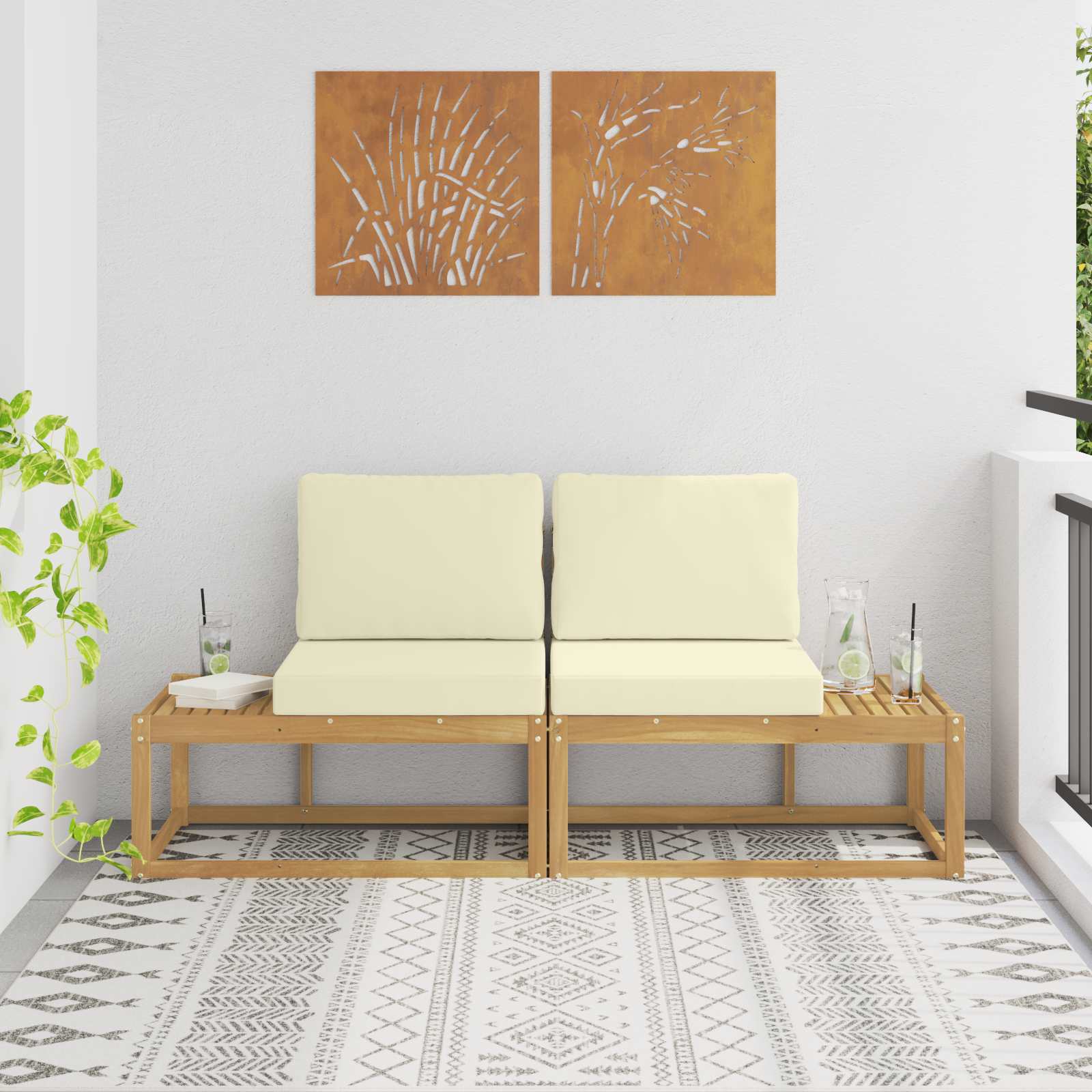 Buiten Eind Sofa met kussen 2 Stuk Wit Massief Acaciahout – afbeelding 1
