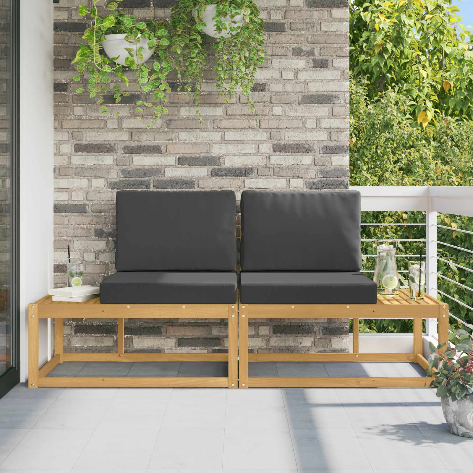 Buiten Eind Sofa met kussen 2 Stuk Wit Massief Acaciahout – afbeelding 1