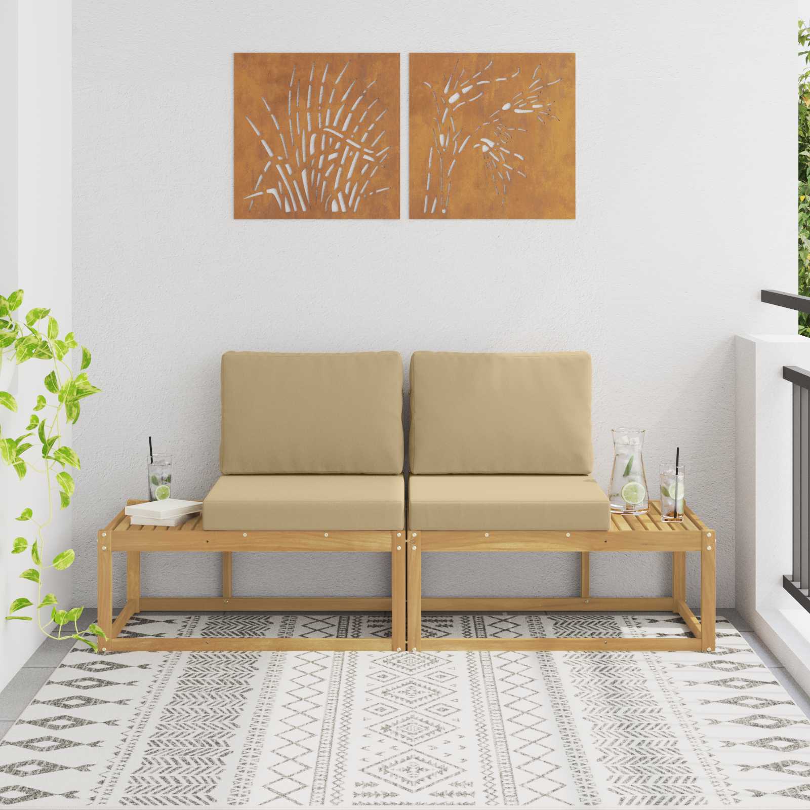 Buiten Eind Sofa met kussen 2 Stuk Wit Massief Acaciahout – afbeelding 1