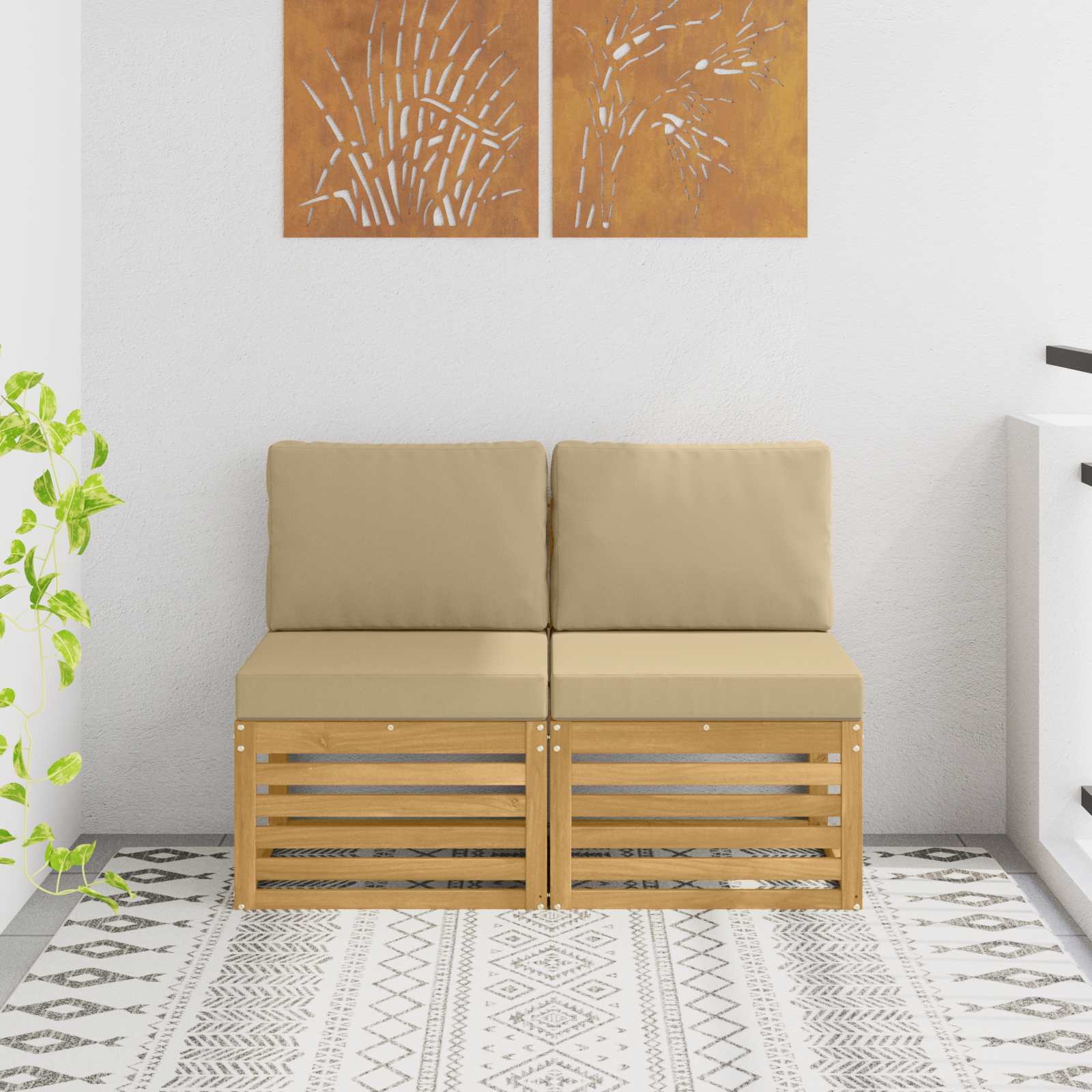 2 Stuk Buiten Midden Sofa Massief Acaciahout Wit – afbeelding 1