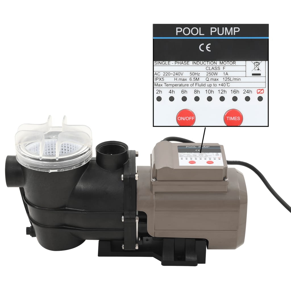 Zwembadpomp met timer 0,25 pk 8000 L/u zwart